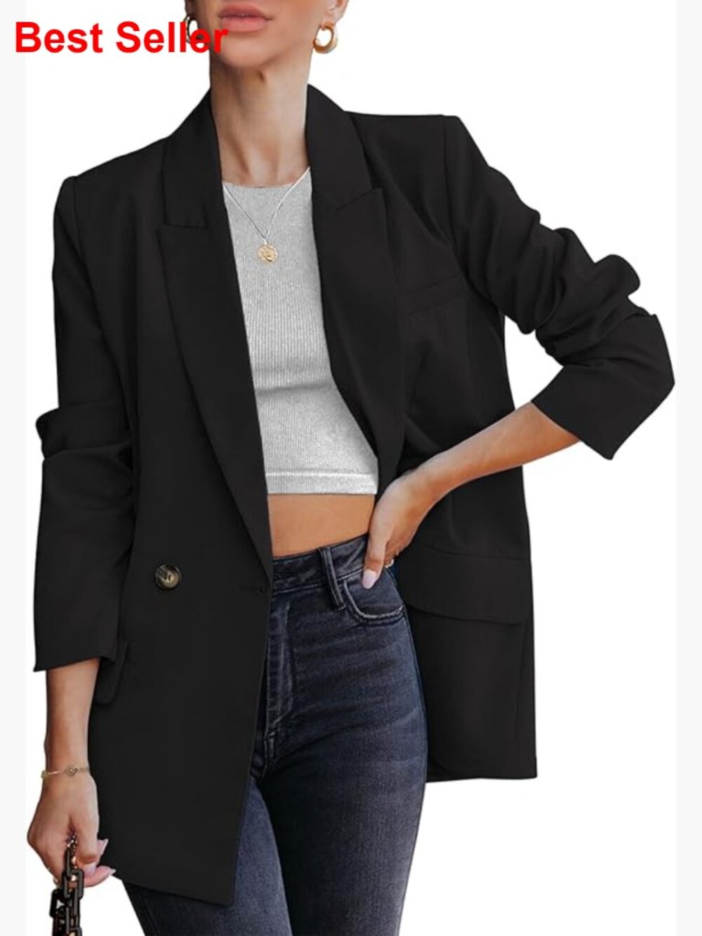 Long Sleeve Blazer Jacket Tailored Fit Double Breasted Button Closure